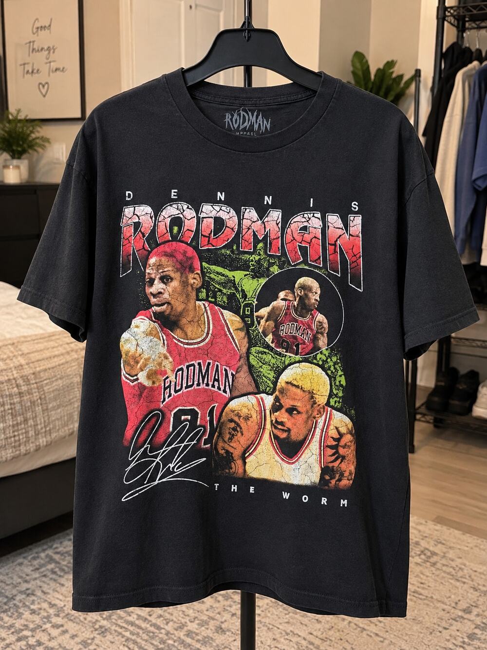 Dennis Rodman The Worm Graphic T-Shirt Black Basketball Tee